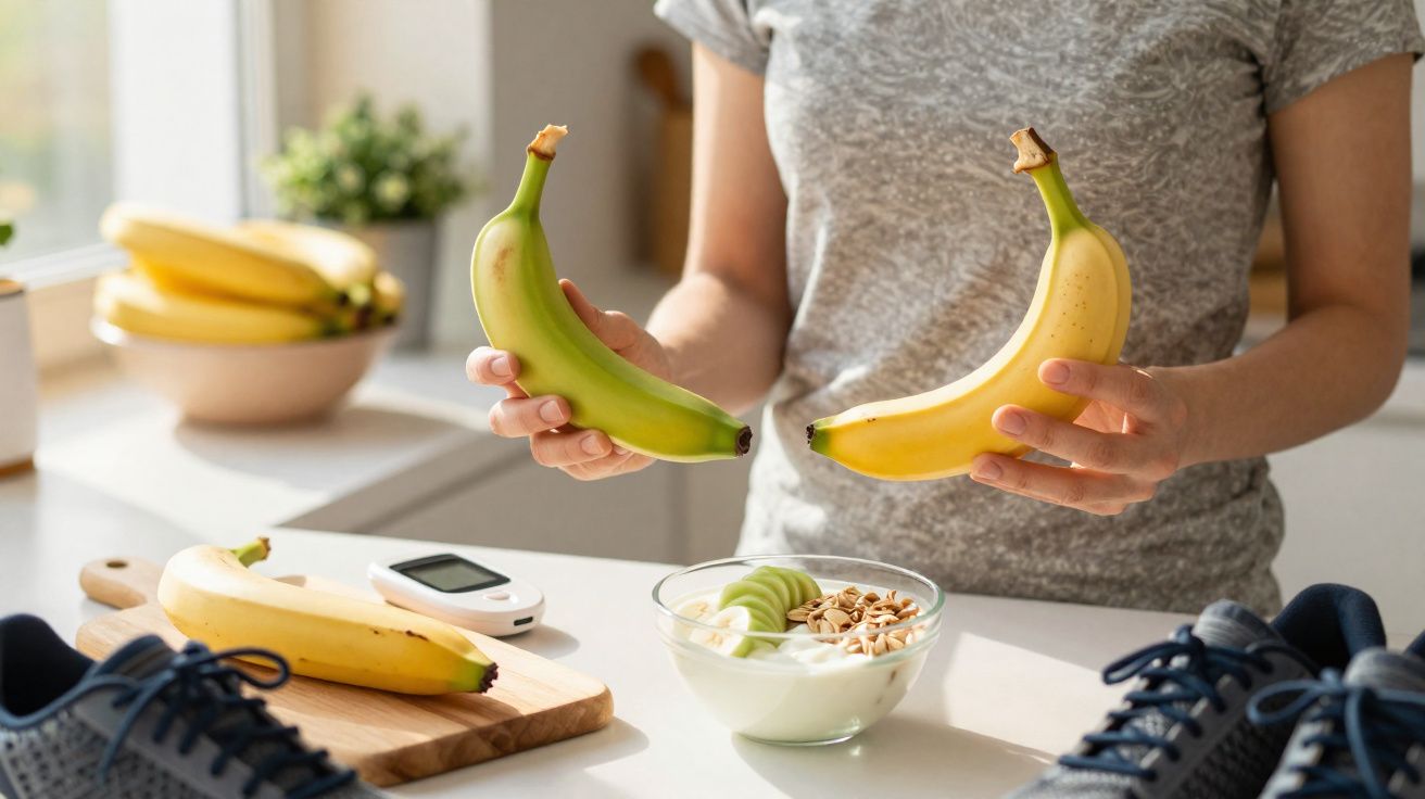 Pessoa segurando banana verde e amarela em cozinha, ao lado de tigela com iogurte, frutas, sneakers e monitor de glicose.