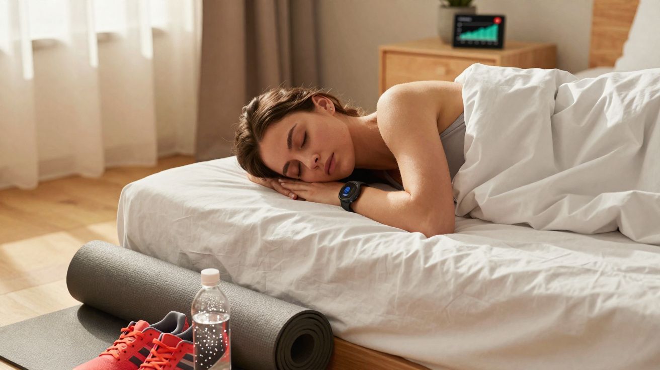Mulher dormindo na cama com relógio fitness, tênis, garrafa de água e tapete de yoga no chão.