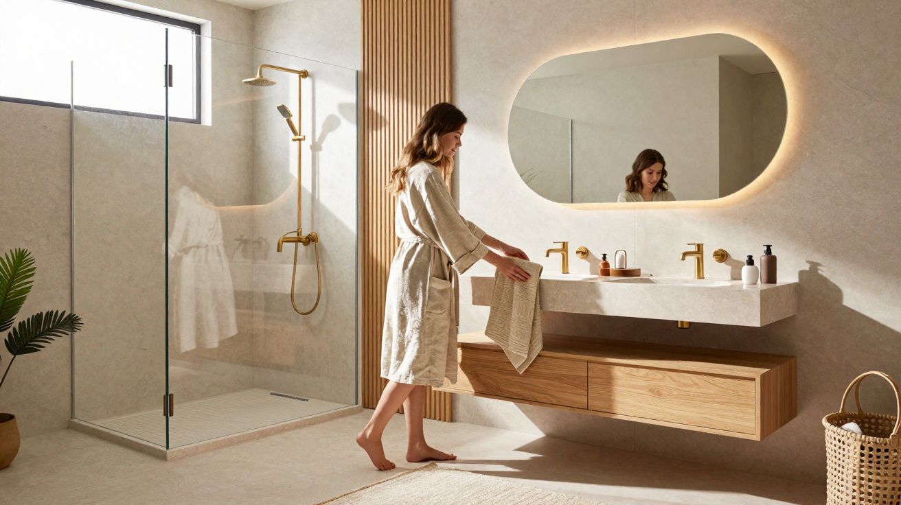 Banheiro moderno com parede bege, espelho oval iluminado e mulher secando toalha perto da pia.