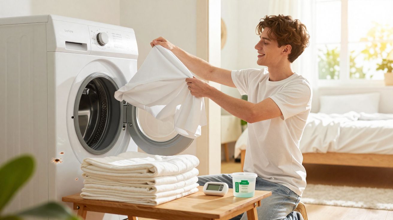 Homem sorridente retirando roupa branca da máquina de lavar em quarto iluminado e organizado.
