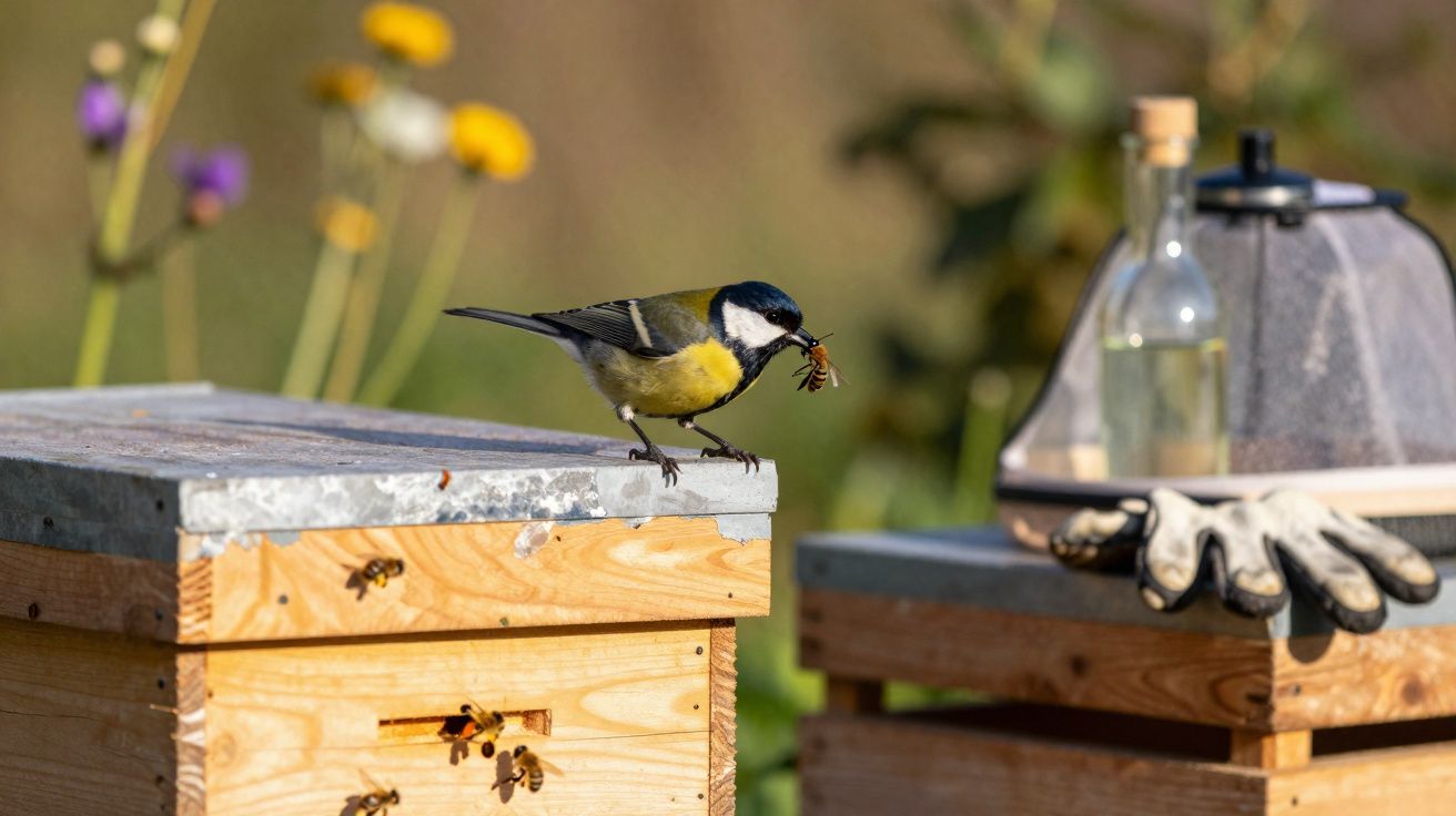 Pássaro com inseto no bico pousado em caixa de colmeia cercada por abelhas em área externa.