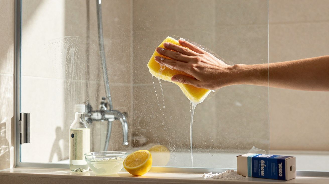 Mão limpando vidro de box do banheiro com esponja amarela e ingredientes naturais ao redor.