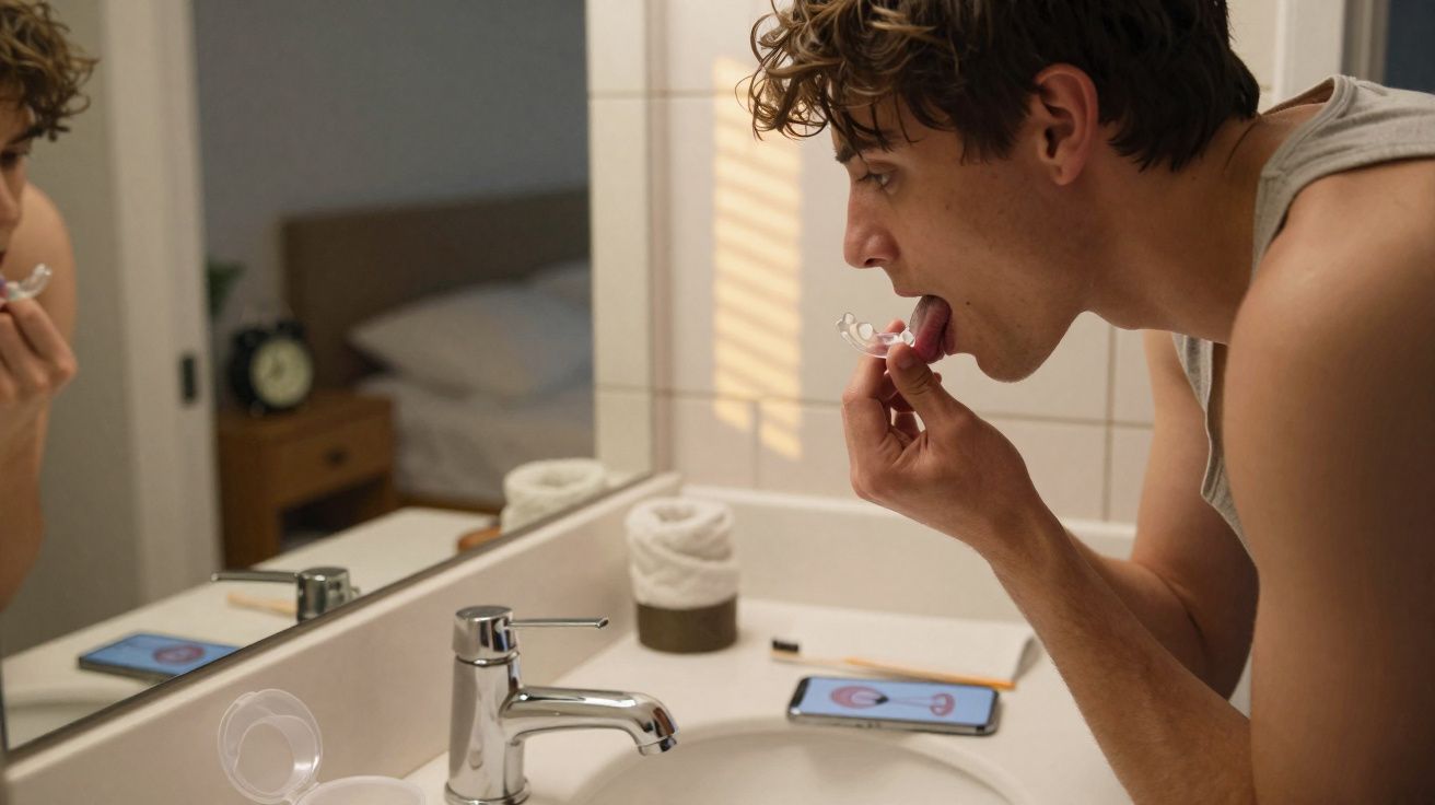 Homem colocando alinhador dental enquanto se olha no espelho de banheiro moderno.