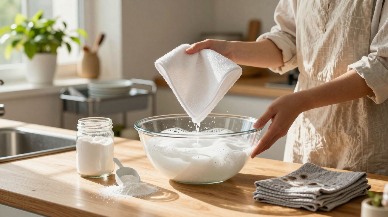 Pessoa espremendo pano branco sobre uma tigela de vidro com água espumosa na cozinha.