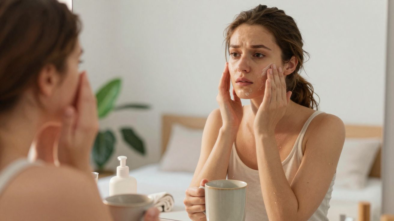 Mulher aplicando creme facial e segurando uma caneca, olhando seu rosto no espelho do banheiro.