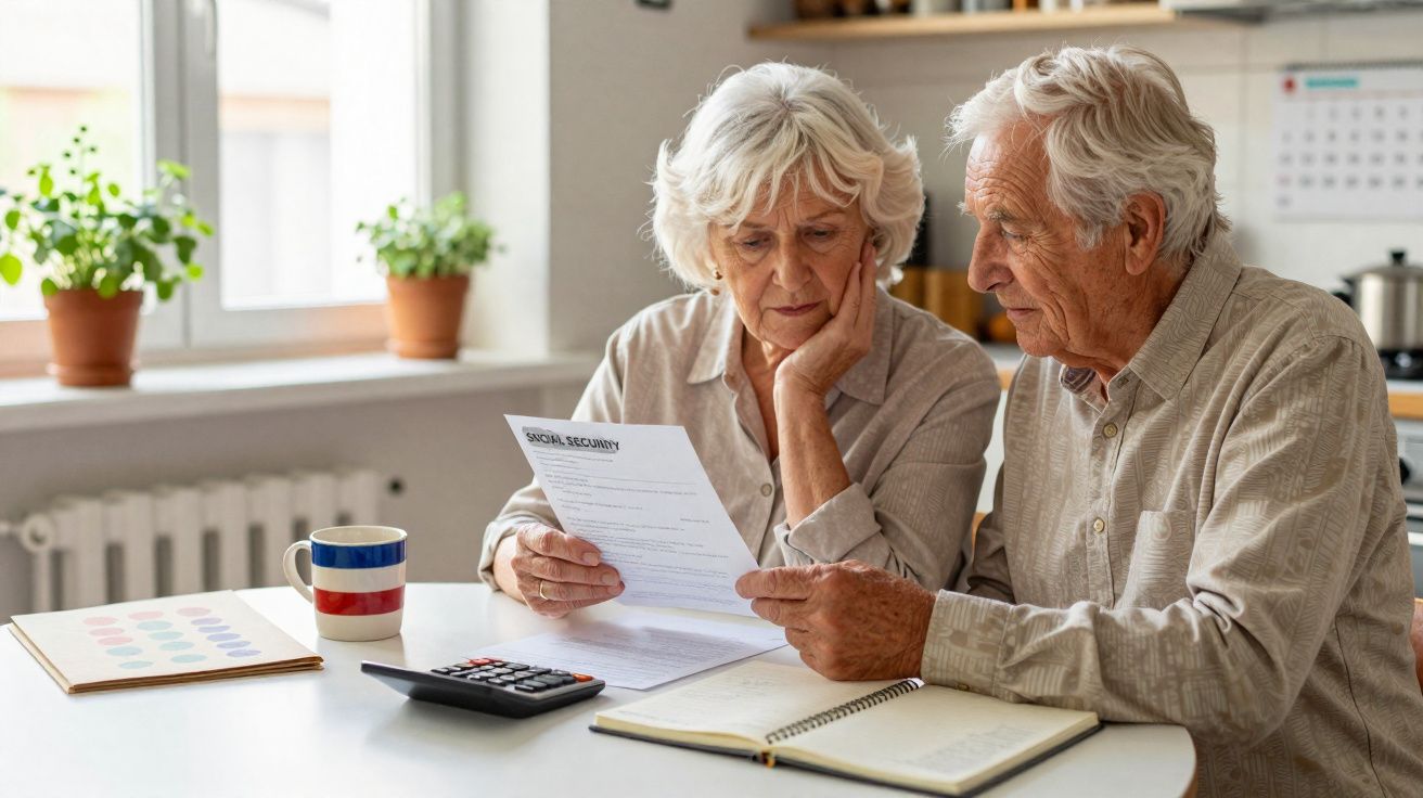 Casal idoso analisando documentos financeiros juntos em uma mesa com calculadora e caderno.
