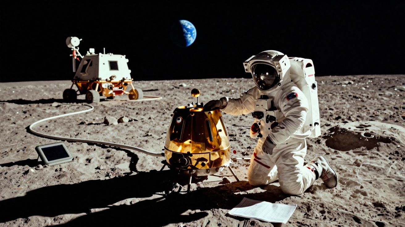 Astronauta em traje espacial na superfície da Lua com Terreno lunar, módulo e a Terra ao fundo.
