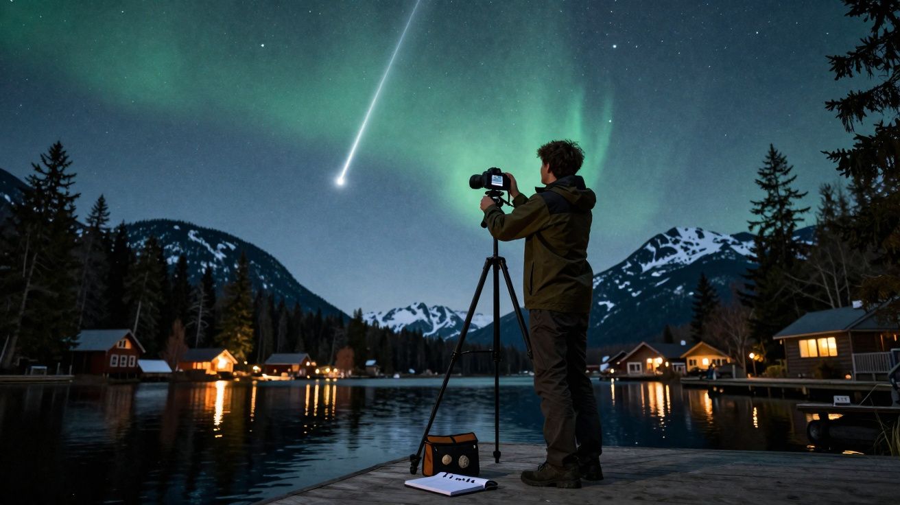 Pessoa fotografando à noite com aurora boreal, montanhas e lago refletindo luzes de casas ao redor.