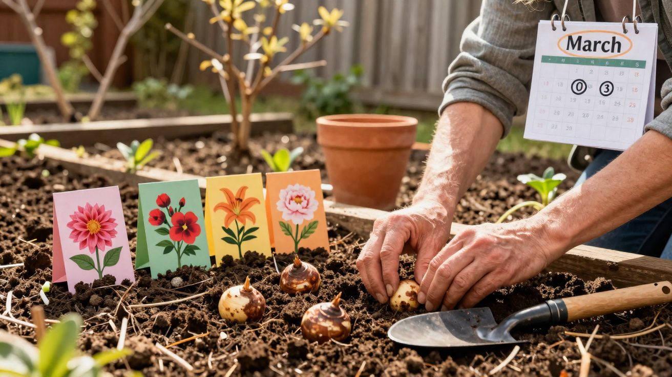 Pessoa plantando bulbos de flores na terra com cartões ilustrativos e calendário de março ao fundo.