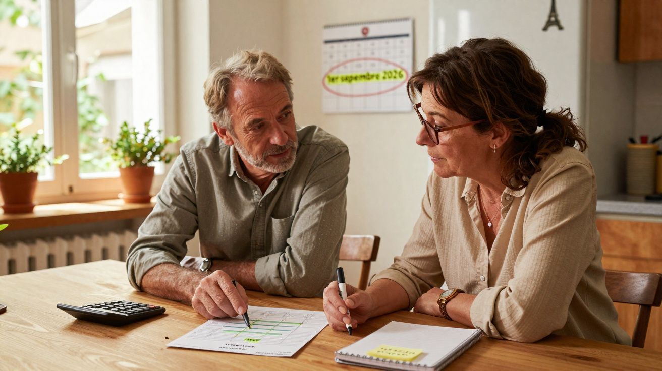 Casal maduro sentado à mesa revisando documentos e fazendo anotações em casa iluminada.
