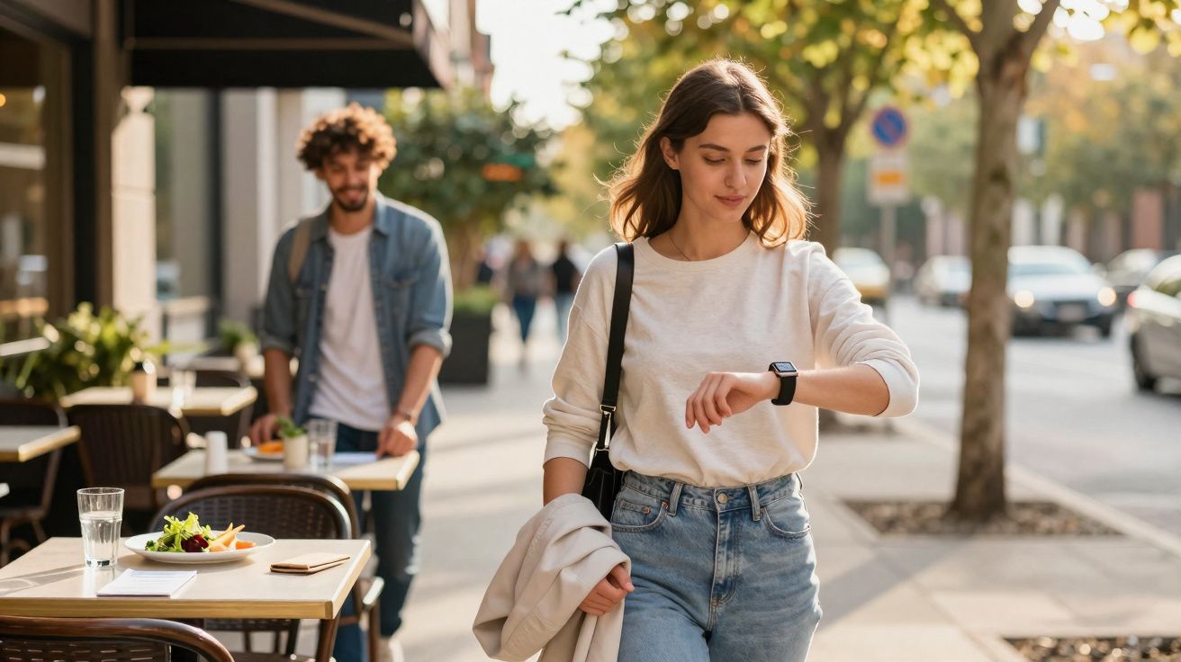 Mulher caminhando na calçada olhando para relógio enquanto homem a segue próximo a mesas de restaurante na rua.