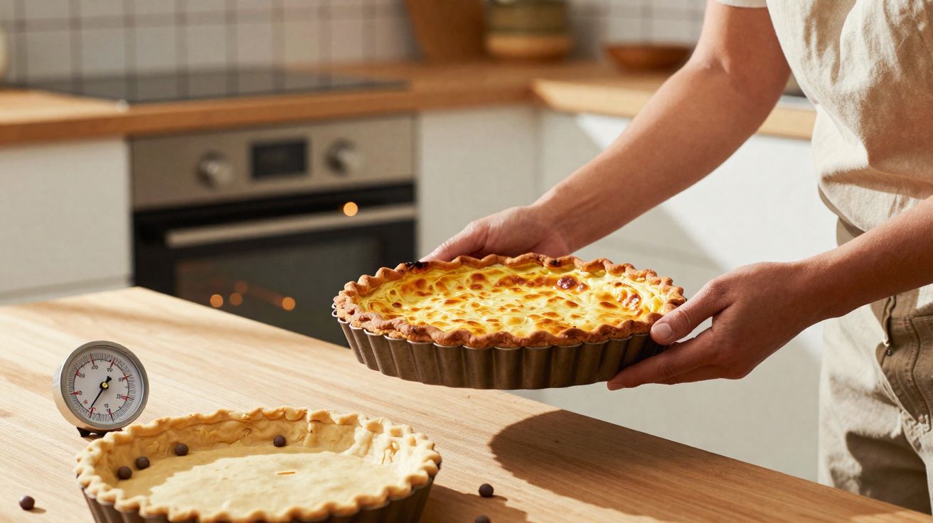 Pessoa segurando torta de queijo assada próxima a torta crua em forno na cozinha moderna.