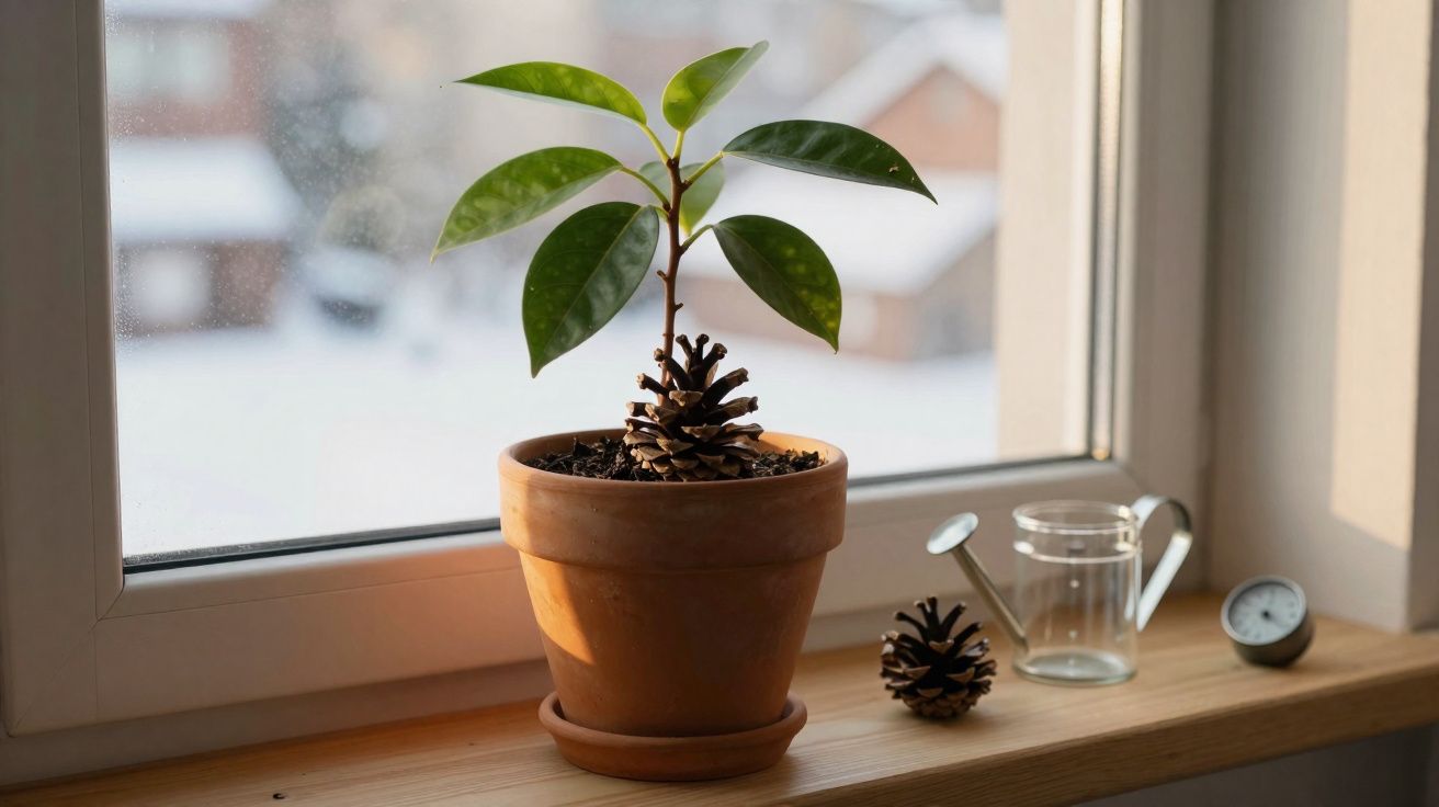 Vaso de barro com planta pequena e uma pinha em cima do substrato na janela, ao lado de regador e termômetro.