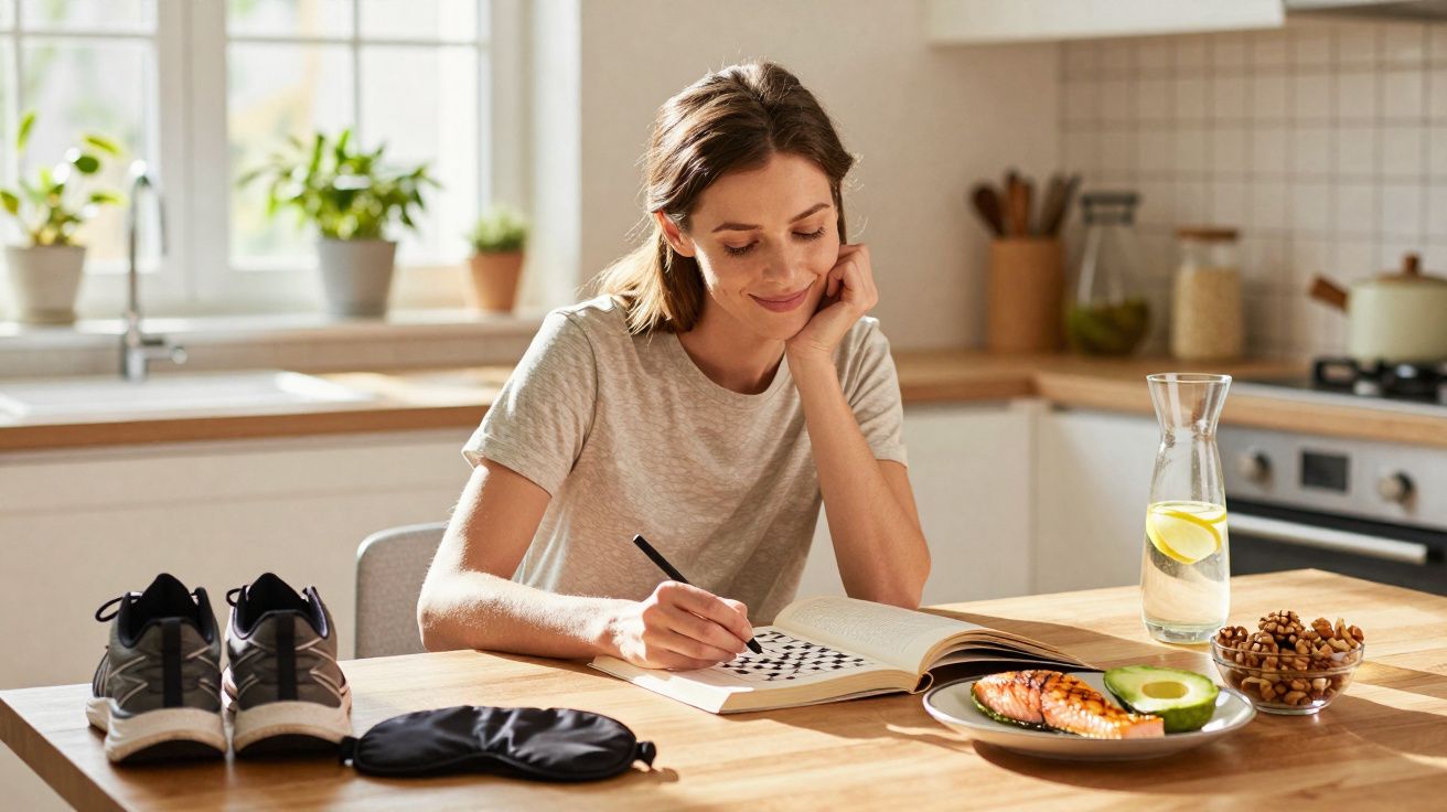 Mulher sorridente resolve palavras cruzadas na cozinha, com alimentos e tênis sobre a mesa.