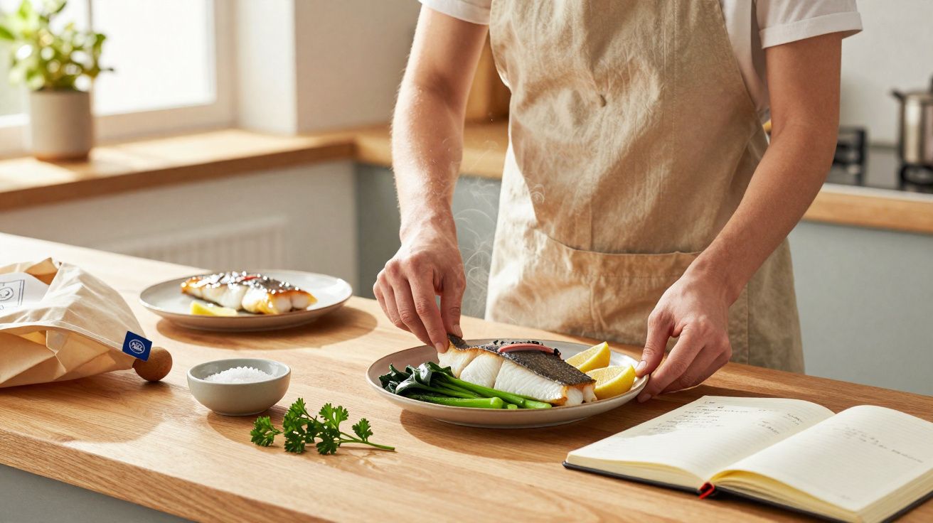 Pessoa arrumando prato com peixe, legumes e limão em cozinha clara, com livro aberto sobre a mesa de madeira.