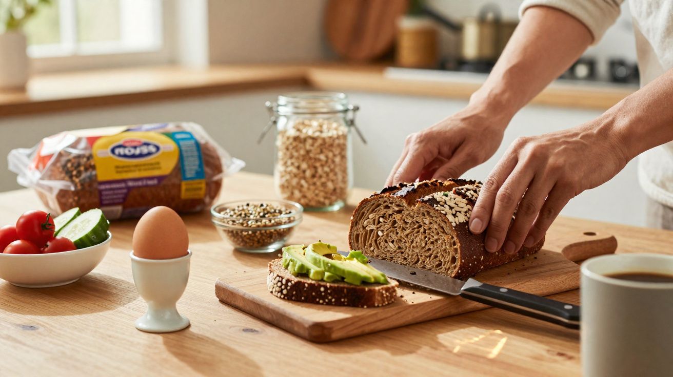 Mãos cortando pão de grãos em tábua, com abacate fatiado, ovo, legumes e café em bancada.