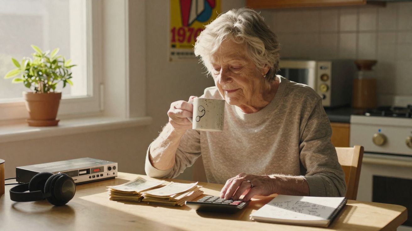 Idosa sentada à mesa com café, calculadora e fichas, concentrada em suas contas na cozinha iluminada.
