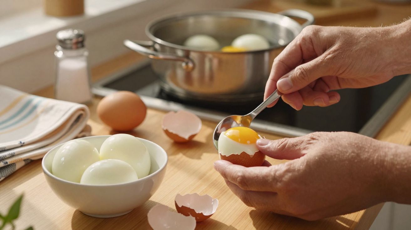 Mãos retirando a gema de ovo cozido, tigela com ovos descascados e panela com ovos na cozinha.