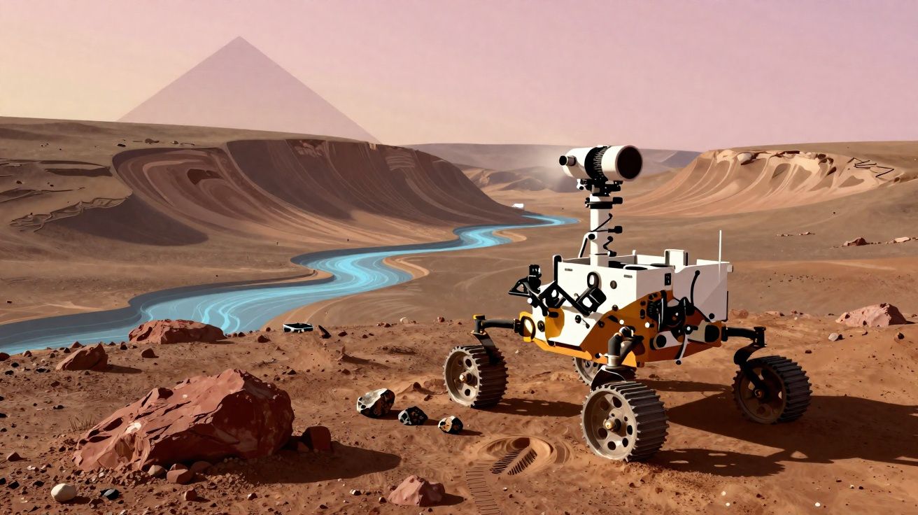 Rover explorando terreno árido e rochoso com rio e colinas ao fundo em paisagem marciana.