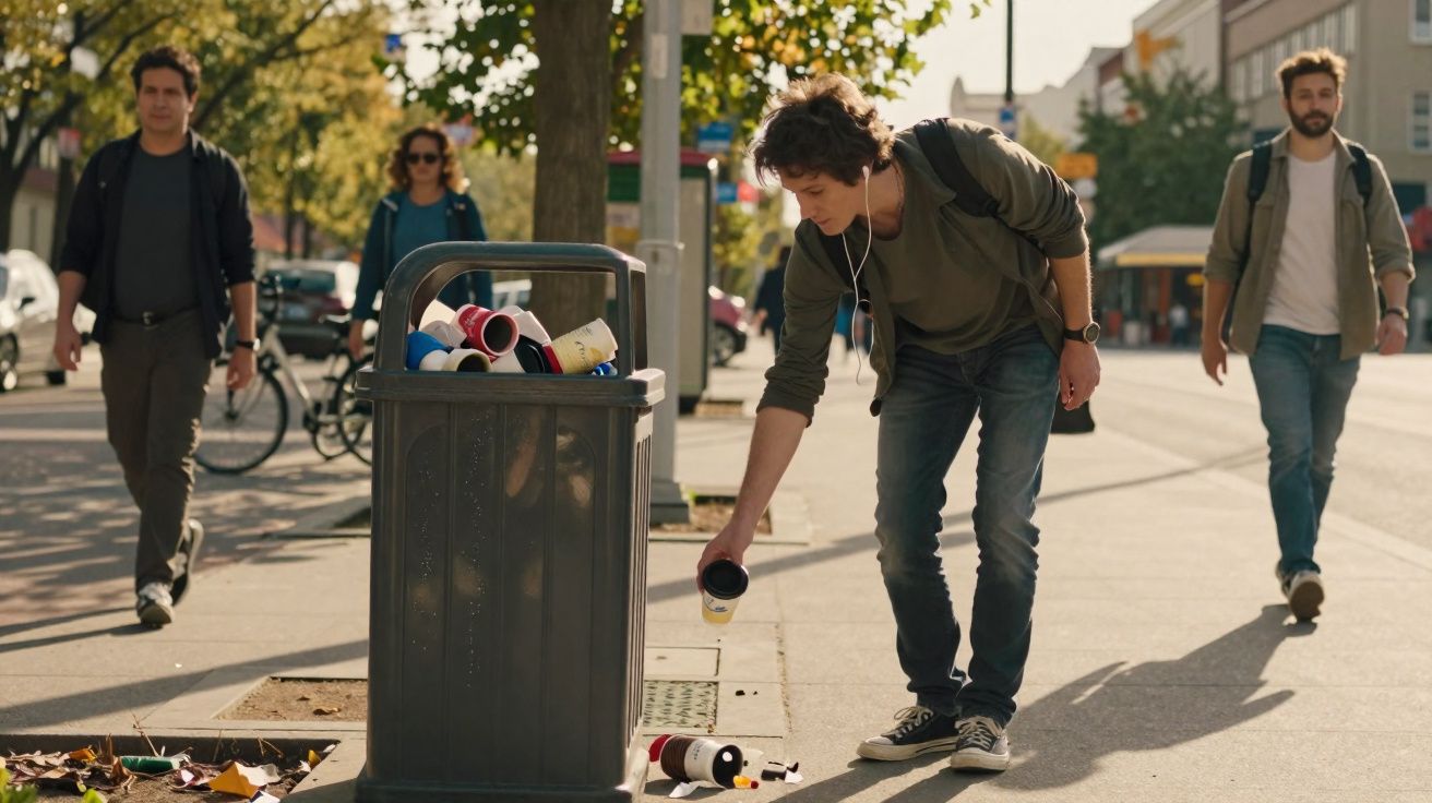 Jovem coloca copo descartável no chão perto de lixeira cheia enquanto outras pessoas caminham na calçada.
