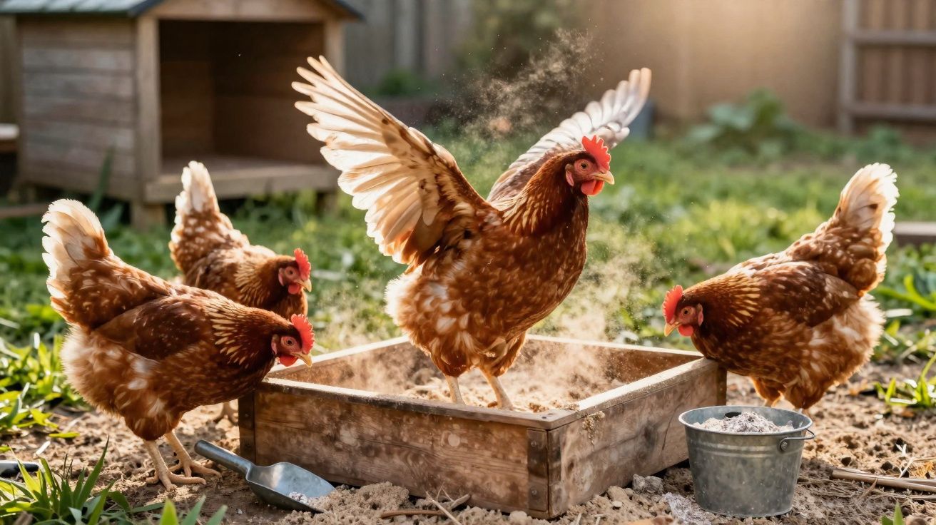 Quatro galinhas marrons em área externa, uma levantando asas sobre caixa de madeira com poeira.