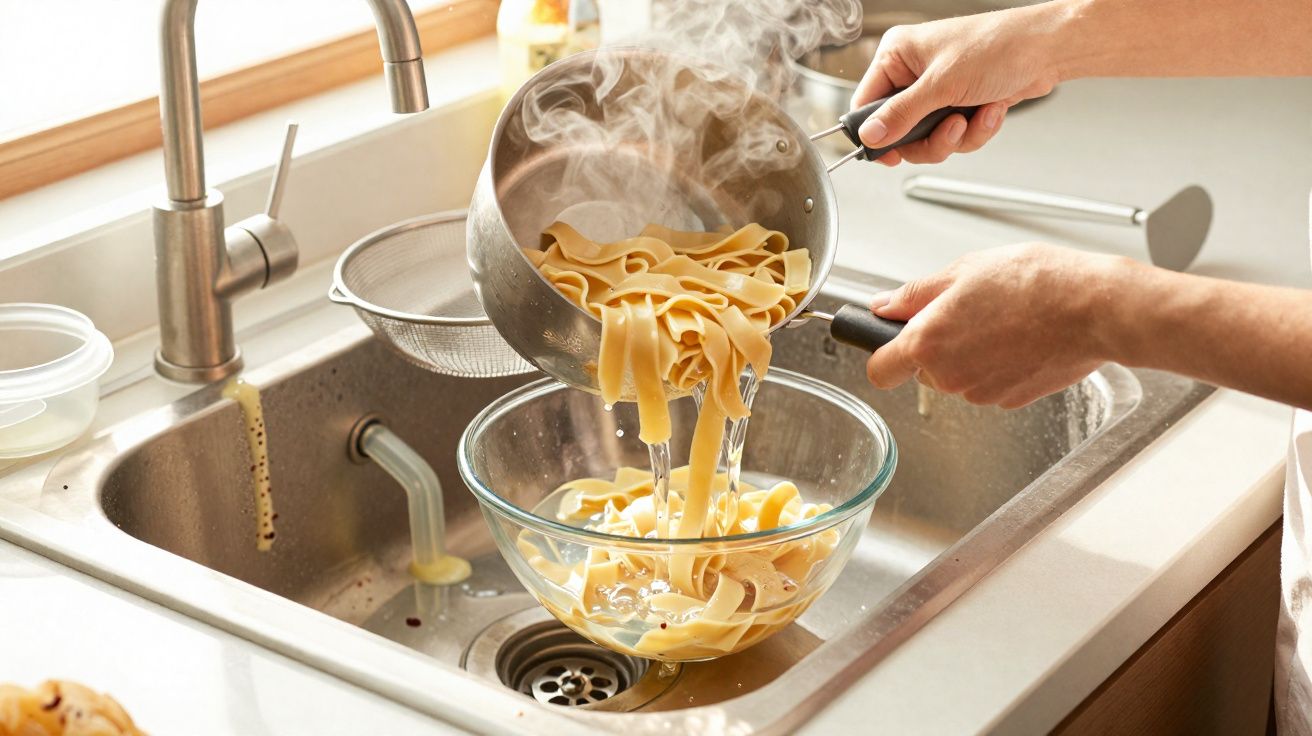 Mãos escorrendo macarrão fettuccine quente em uma tigela de vidro sobre a pia da cozinha.