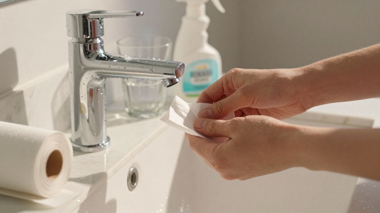 Mãos seguram papel higiênico perto de torneira em pia branca com rolo de papel e dispenser ao fundo.