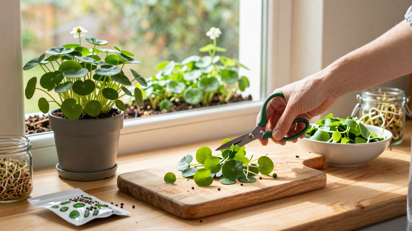 Pessoa cortando folhas verdes frescas na tábua de madeira ao lado de vasos na janela ensolarada.