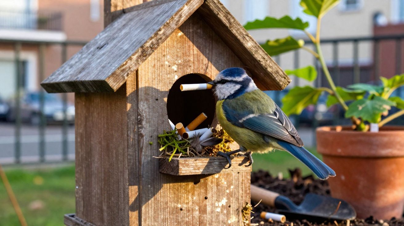 Pássaro pousado na entrada de uma casinha de madeira com várias pontas de cigarro dentro.