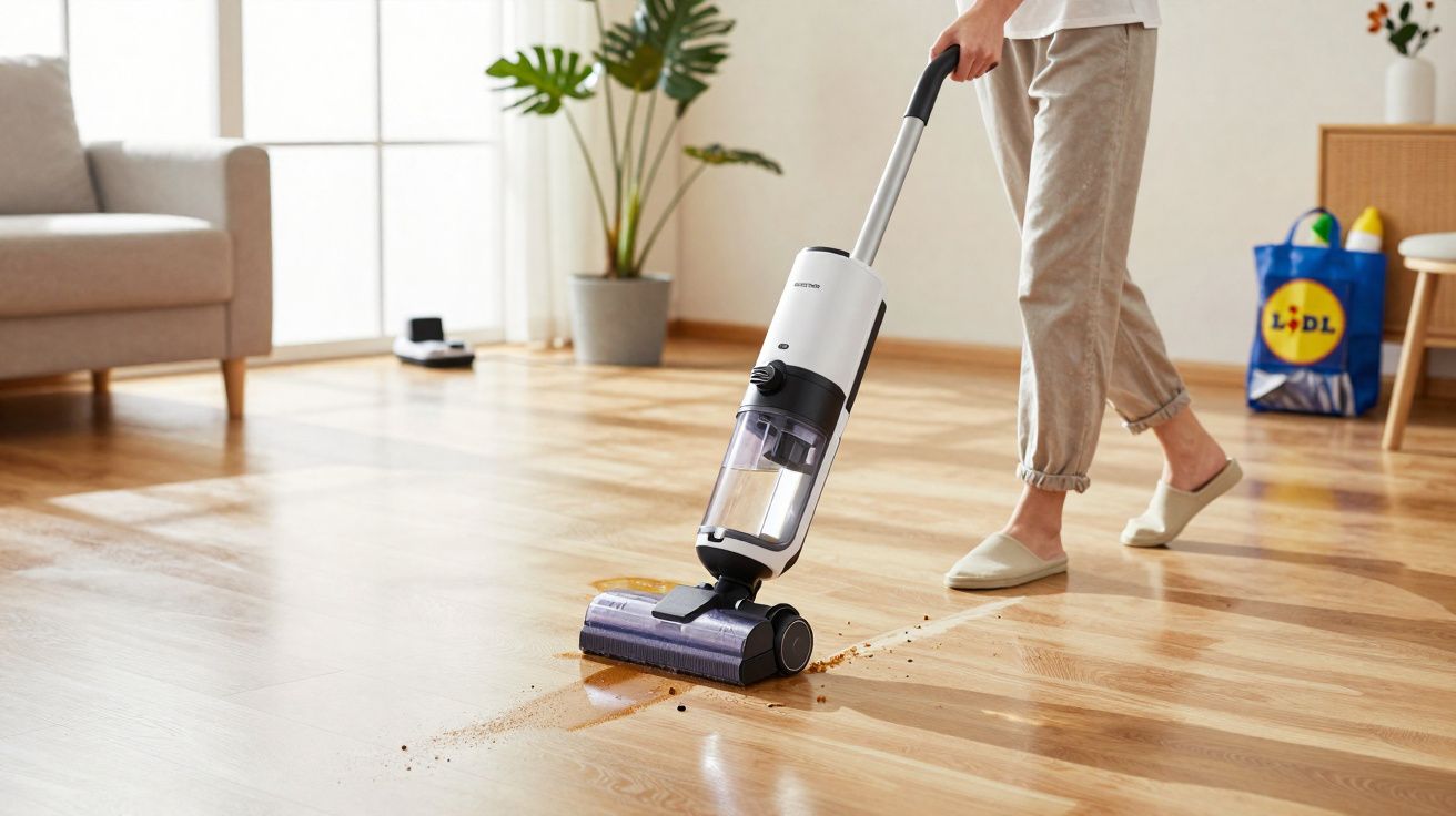 Pessoa limpando chão de madeira com aspirador vertical sem fio em sala iluminada.
