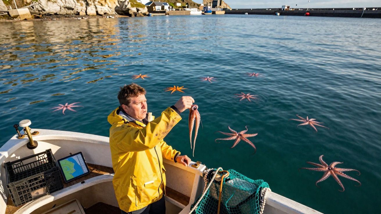 Homem com capa amarela segura polvo a bordo de barco no mar, com várias estrelas do mar ao redor.