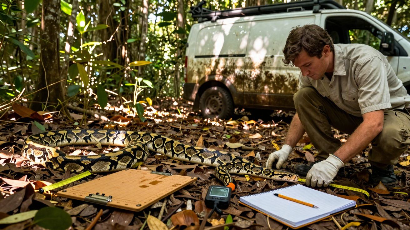 Homem mede uma jiboia no chão da floresta com fita métrica, ao lado de caderno, prancheta e carro branco.