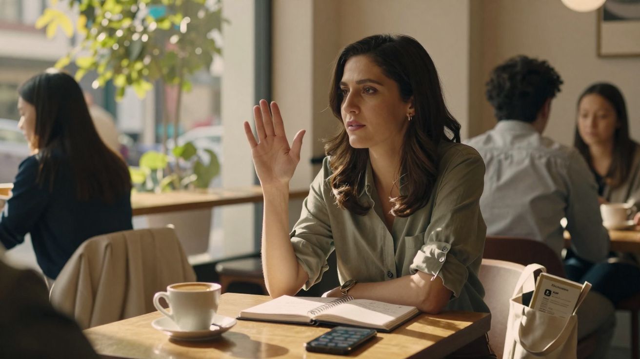 Mulher sentada em cafeteria com caderno aberto, olhando para frente e levantando a mão.