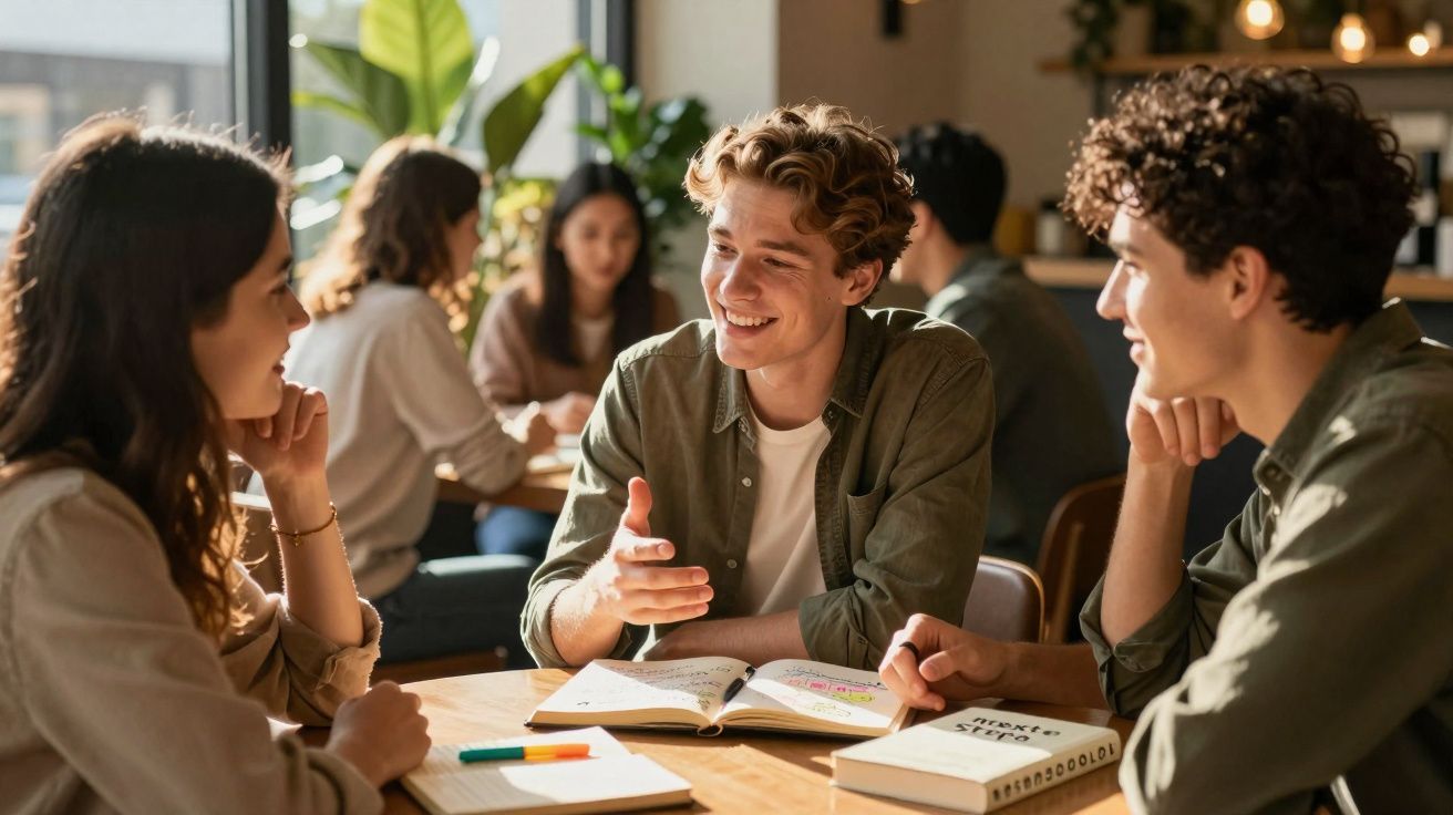 Jovens estudando e conversando em grupo, com livros e cadernos sobre a mesa em ambiente iluminado.