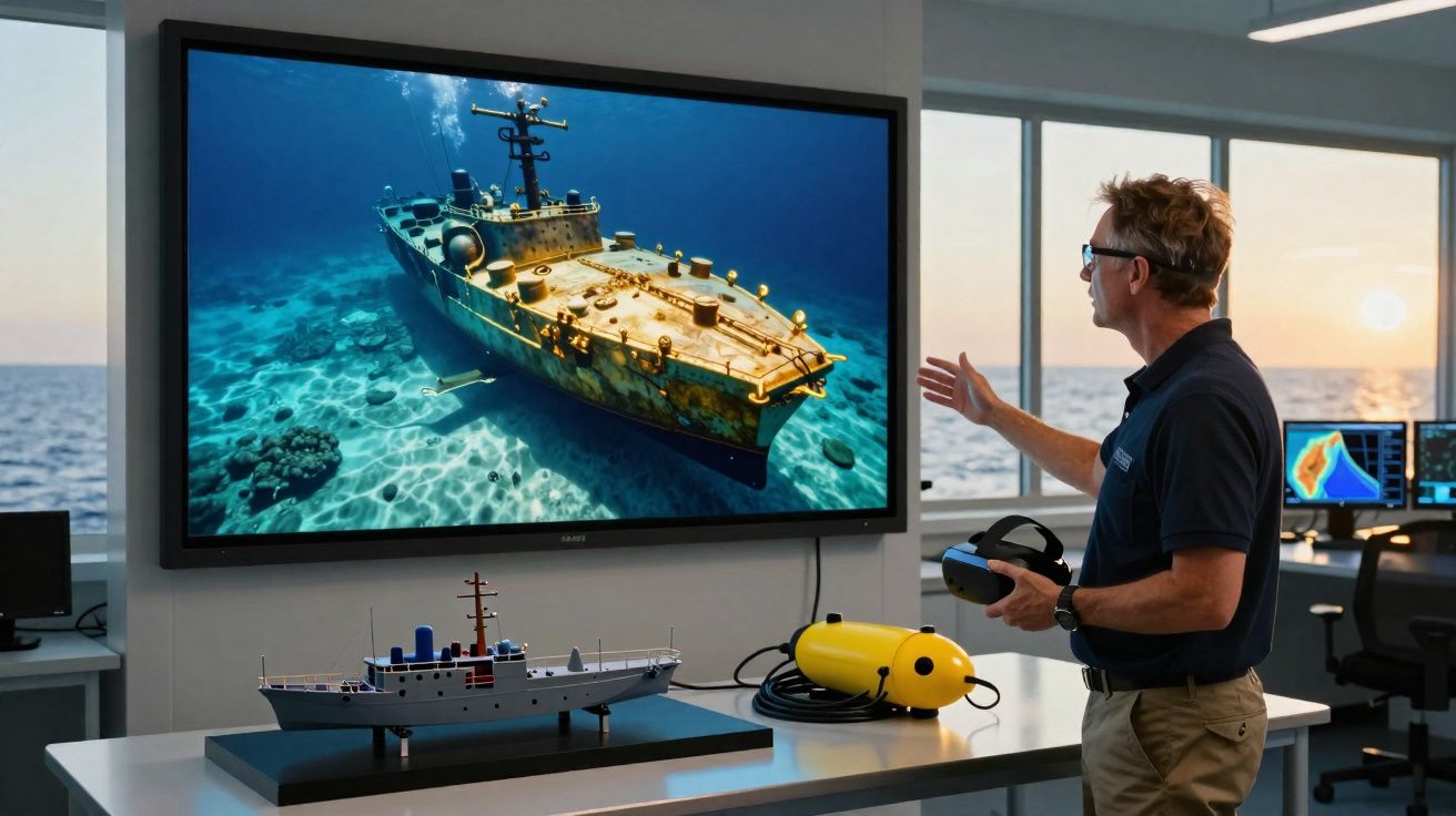 Homem interage com simulação virtual de navio submerso em monitor, próximo a modelo físico e drone aquático amarelo.