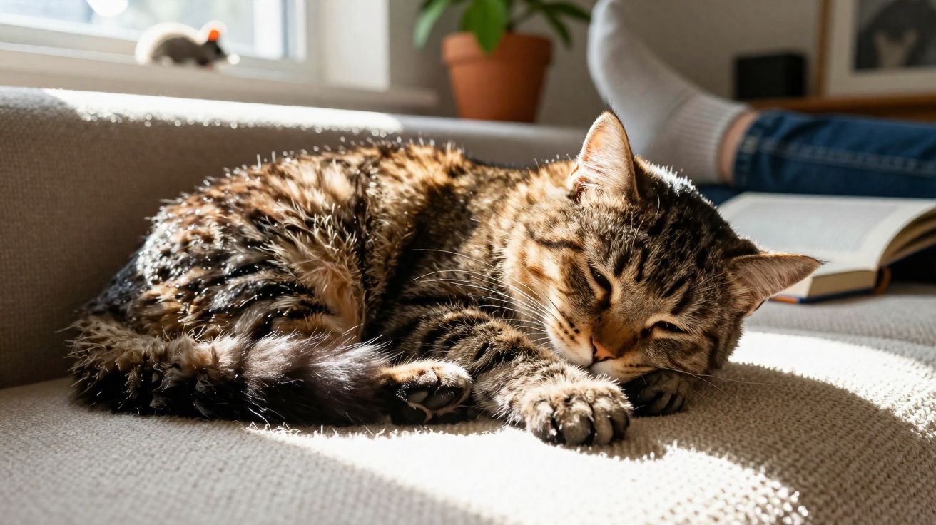 Gato malhado dormindo no sofá sob luz do sol com livro aberto ao fundo.