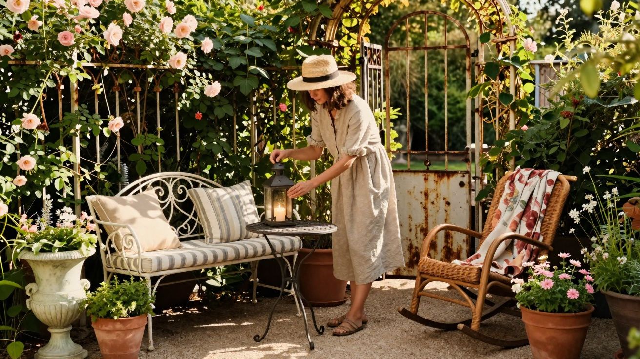 Mulher de vestido e chapéu ajusta lanterna em mesa de jardim com flores e móveis decorativos.
