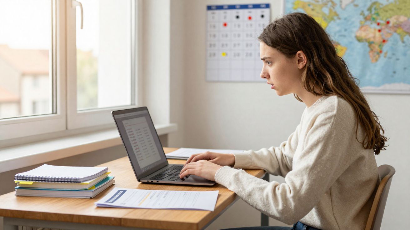 Mulher jovem concentrada trabalhando em laptop à mesa com cadernos e calendário na parede ao fundo.