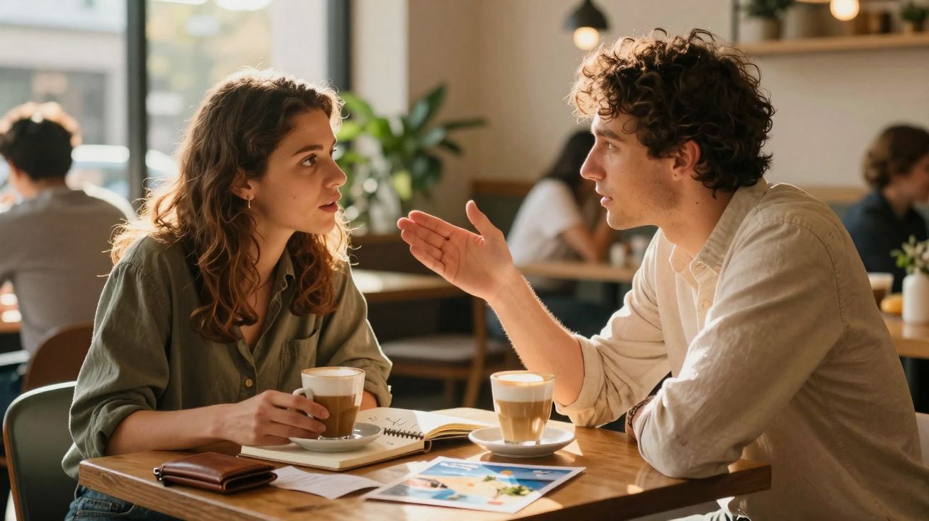 Jovem casal conversando em café, ambos com café e material de papelaria sobre a mesa de madeira.