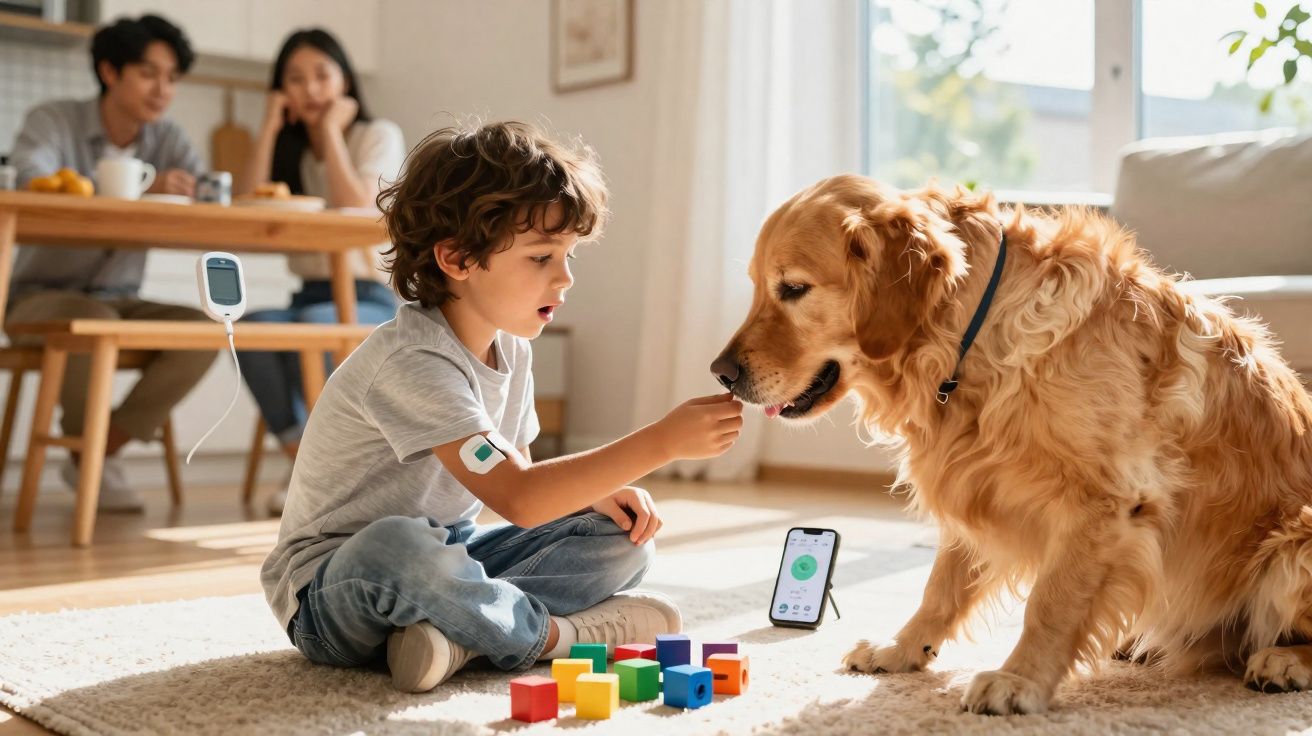 Menino sentado no chão alimenta cachorro enquanto controle de glicose e smartphone mostram dados de saúde.