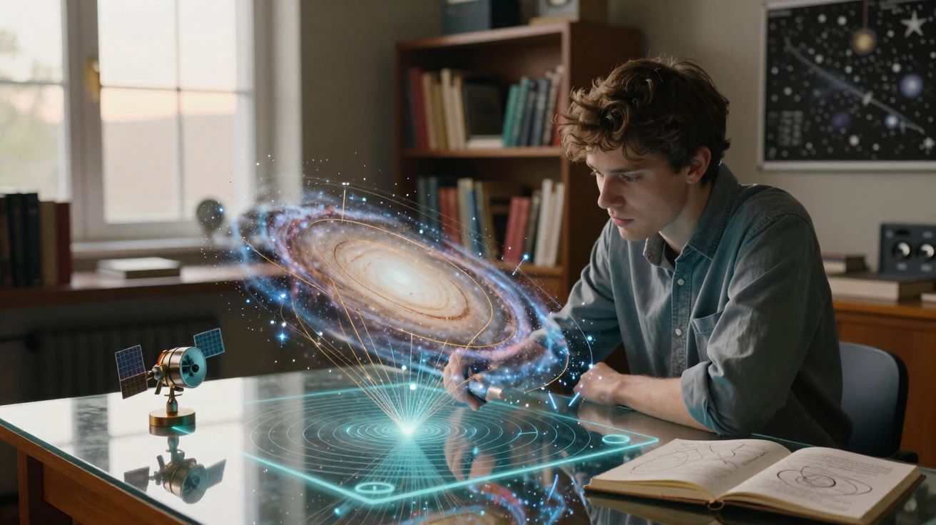 Jovem estudando galáxia holográfica em mesa com livro aberto em sala com estante e janela.