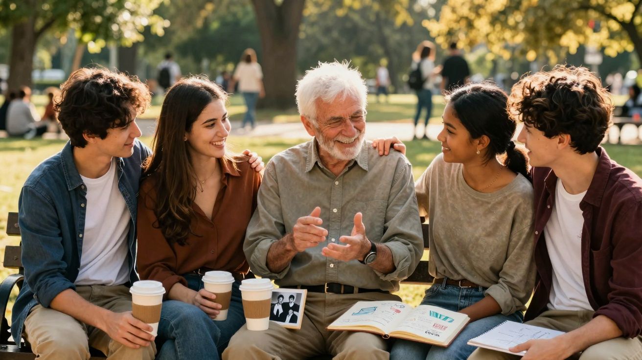 Grupo diversificado de jovens ouvindo atentamente um idoso sorridente em um banco de parque.