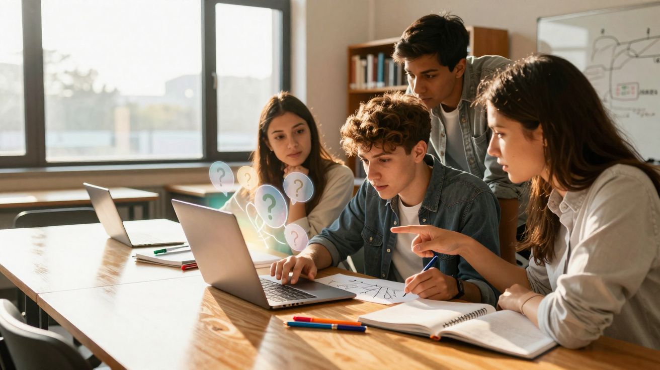 Quatro jovens estudando juntos em sala, atentos a um laptop com ícones de interrogação flutuando.