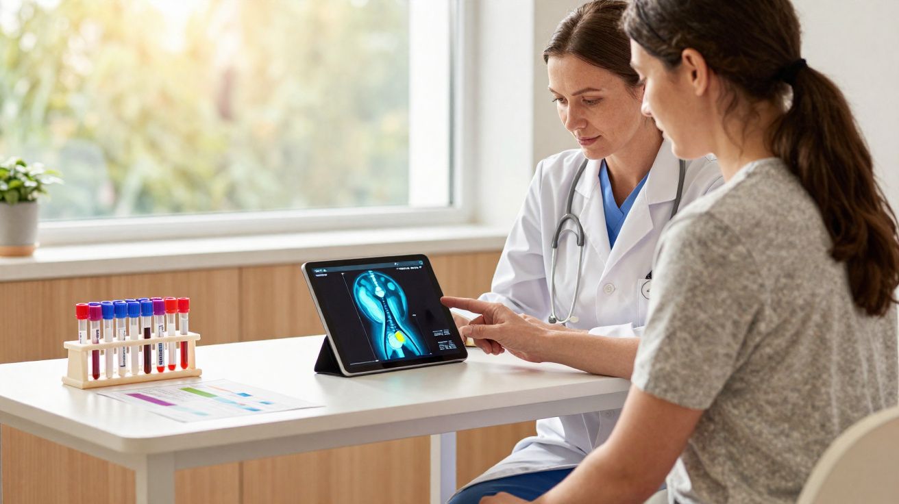 Médica explica exame digital de raio-x para paciente em consultório clínico iluminado.