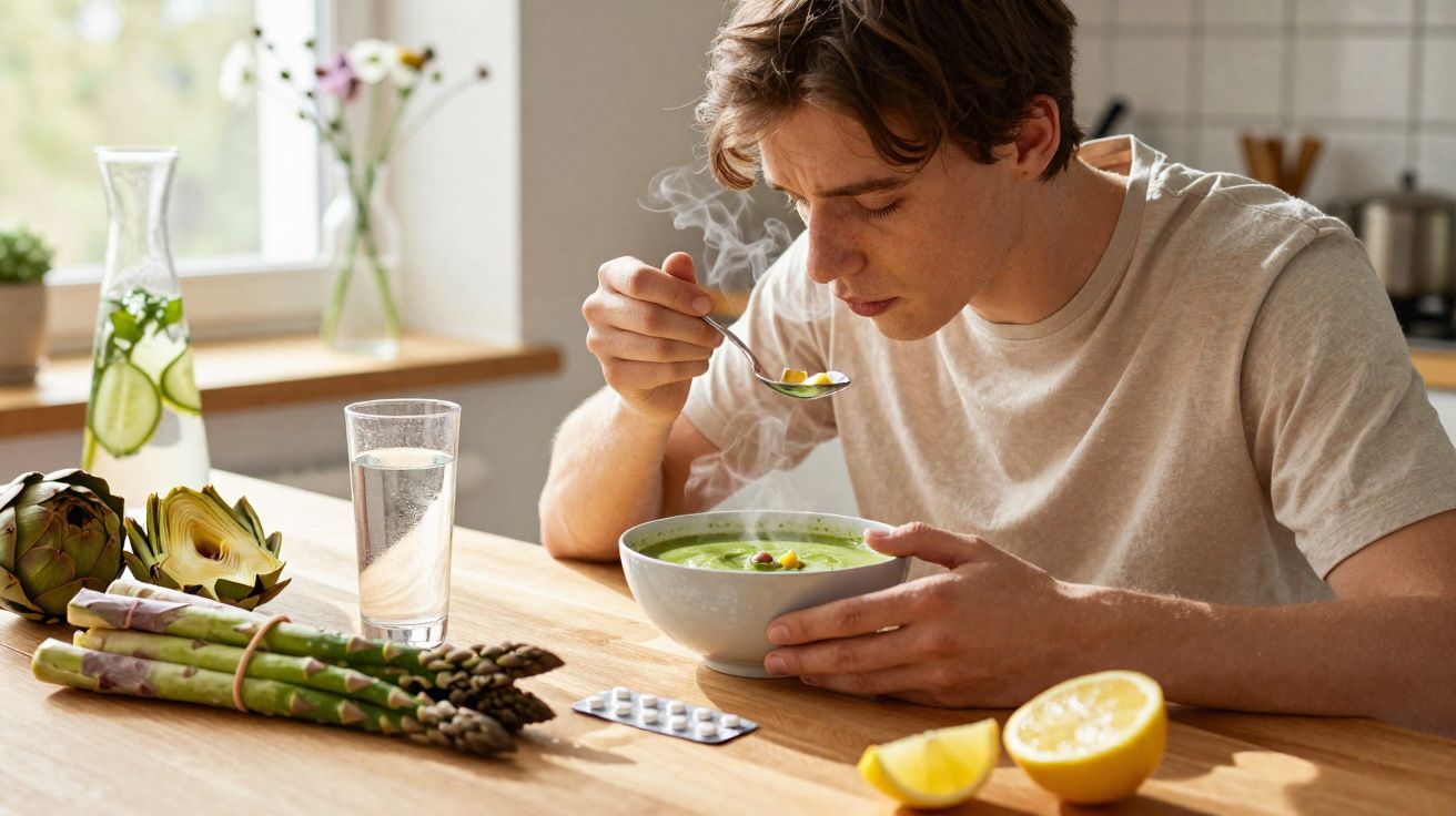 Homem sentado à mesa comendo sopa quente em uma tigela branca em cozinha bem iluminada.