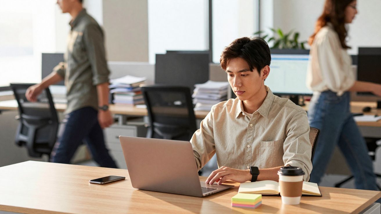 Jovem trabalhando em laptop em escritório moderno com colegas e objetos sobre a mesa.