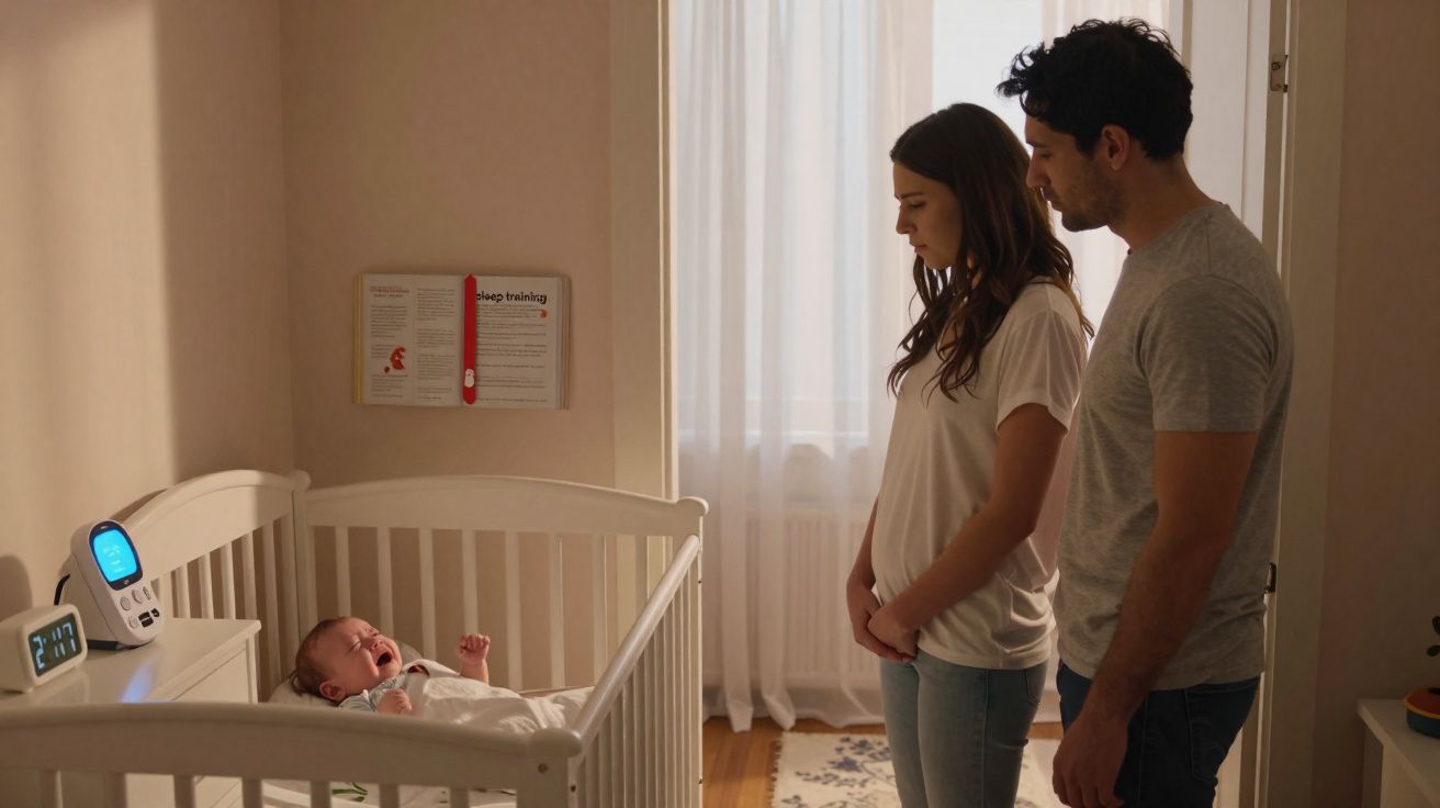 Casal olhando preocupado para bebê chorando no berço branco em quarto iluminado pela luz do dia.