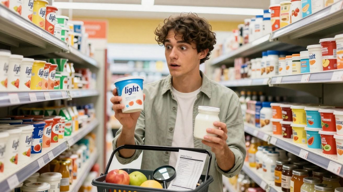 Homem com expressão surpresa compara dois potes de iogurte no corredor de supermercado.