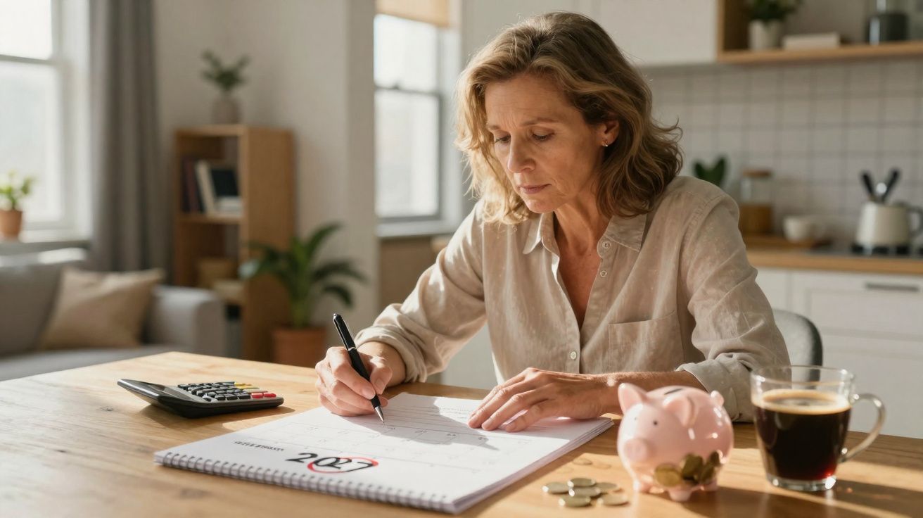 Mulher sentada à mesa preenchendo calendário de 2024, com cofrinho, moedas, calculadora e café à frente.