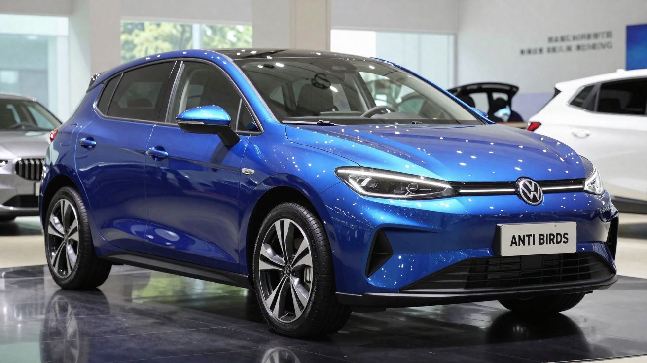 Carro hatchback elétrico Volkswagen azul em exposição dentro de showroom moderno.